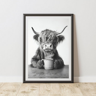 60 Second Makeover Unisex Multicolor Funny Highland Cow Drinking Coffee Print | Size: A3 - Image 3