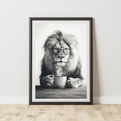 60 Second Makeover Limited Funny Lion Drinking Coffee Print Wall Art Office Accessories Posters & Prints Decorative Home Accessories Kitchen Wall Art Pictures Coffee Gifts No Frame - A3 - Image 3
