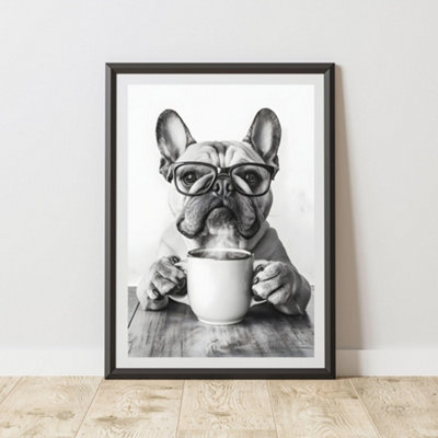 60 Second Makeover Limited Funny French Bulldog Drinking Coffee Print A3 Size from B&Q