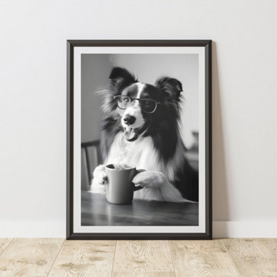 60 Second Makeover Limited Funny Collie Drinking Coffee Print A3 Size from B&Q