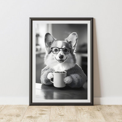 60 Second Makeover Limited Funny Corgi Drinking Coffee Print A3 Size from B&Q