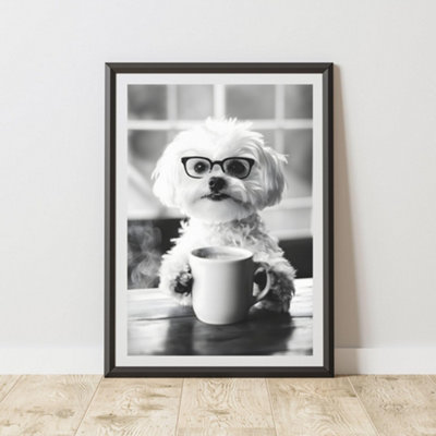 60 Second Makeover Limited Funny Maltese Drinking Coffee Print A3 Size from B&Q