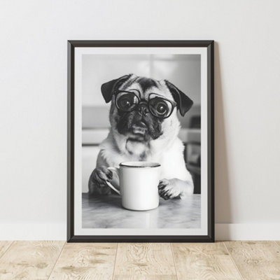 60 Second Makeover Limited Funny Pug Drinking Coffee Print A4 Size from B&Q