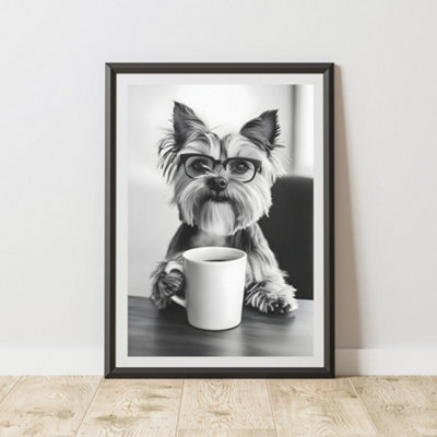 60 Second Makeover Limited Funny Yorkshire Terrier Drinking Coffee Print A3 Size from B&Q