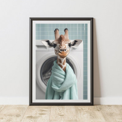 60 Second Makeover Unisex Multicolor Giraffe In Washing Machine Print Wall Art | Size: A3 - Image 3