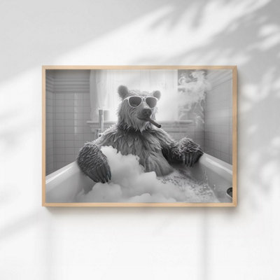 60 Second Makeover Limited Bear Smoking A Cigar In The Bath Quirky Animal Print A4 Size from B&Q