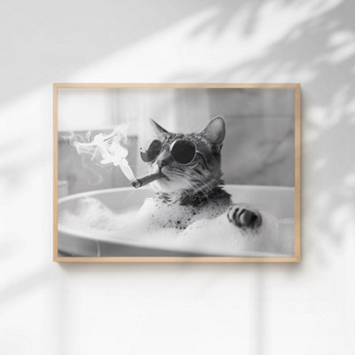 60 Second Makeover Limited Cat Smoking A Cigar In The Bath Quirky Animal Print A3 Size from B&Q