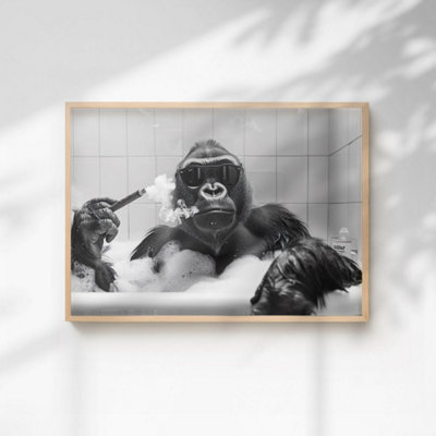 60 Second Makeover Limited Gorilla Smoking A Cigar In The Bath Quirky Animal Print A4 Size from B&Q