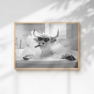 60 Second Makeover Limited Highland Cow Smoking A Cigar In The Bath Quirky Animal Print A3 Size from B&Q
