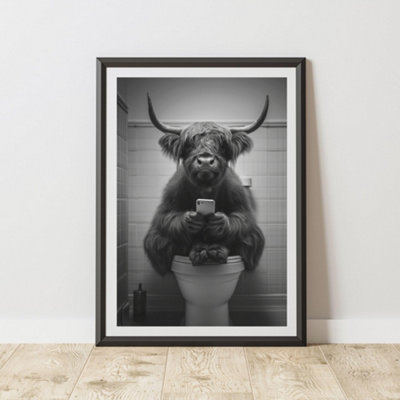 60 Second Makeover Limited Highland Cow Phone On Toilet Quirky Animal Print A3 Size from B&Q