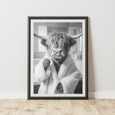 60 Second Makeover Limited Highland Cow Brushing Teeth Quirky Animal Print A4 Size from B&Q