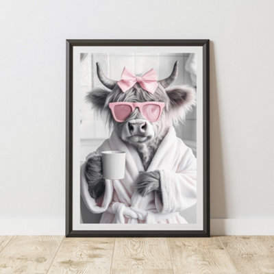 60 Second Makeover Limited Highland Cow Pink Bow Quirky Animal Print A3 Size from B&Q