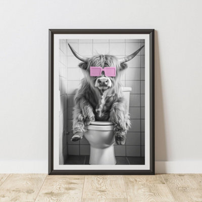 60 Second Makeover Limited Highland Cow Pink Glasses Toilet Quirky Animal Print A3 Size from B&Q