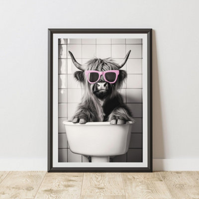 60 Second Makeover Limited Highland Cow Pink Glasses Sink Quirky Animal Print A3 Size from B&Q
