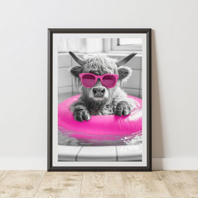 60 Second Makeover Limited Highland Cow Baby Pink Rubber Ring Quirky Animal Print A3 Size from B&Q