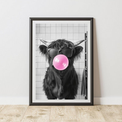 60 Second Makeover Limited Highland Cow Pink Bubble Gum Quirky Animal Print A3 Size from B&Q