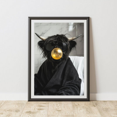 60 Second Makeover Limited Highland Cow Gold Bubble Gum Quirky Animal Print A4 Size from B&Q