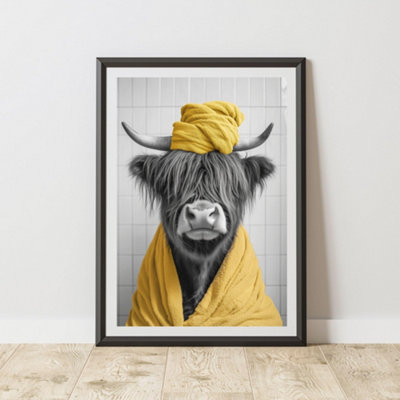 60 Second Makeover Limited Highland Cow Yellow Towel Quirky Animal Print A3 Size from B&Q