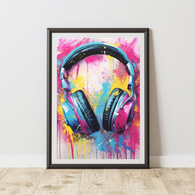 B&Q -  Headphones Pop Art Prints For Walls Urban Street Art Aesthetic Posters A3 Size