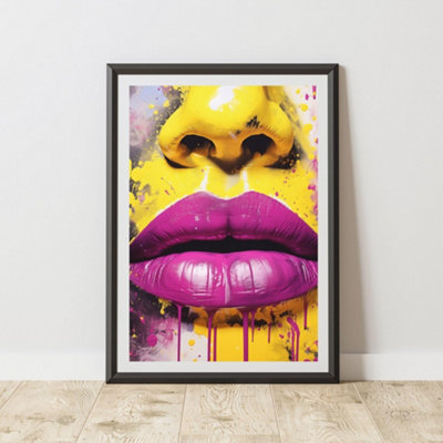 B&Q -  Lips Pink And Yellow Pop Art Prints For Walls Urban Street Art A3 Size