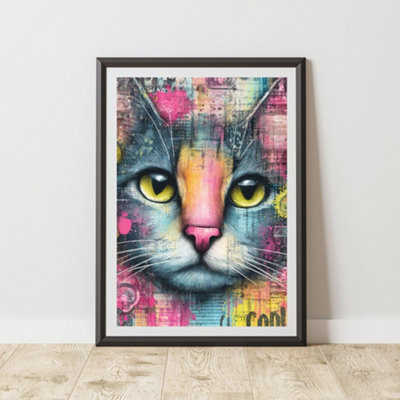B&Q -  Cat Graffiti Print Urban Street Art Poster Junk Journal A3 Size