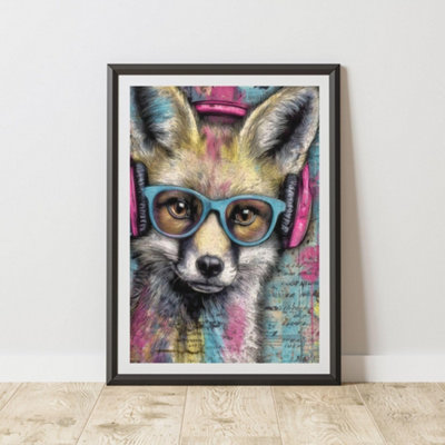 B&Q -  Fox Headphones Graffiti Print Urban Street Art Poster Junk Journal A3 Size