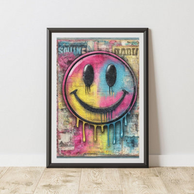B&Q -  Smiley Face Graffiti Print Urban Street Art Poster Junk Journal A4 Size