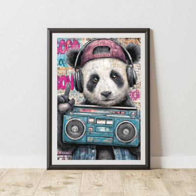 B&Q -  Panda Graffiti Print Urban Street Art Poster Junk Journal A4 Size