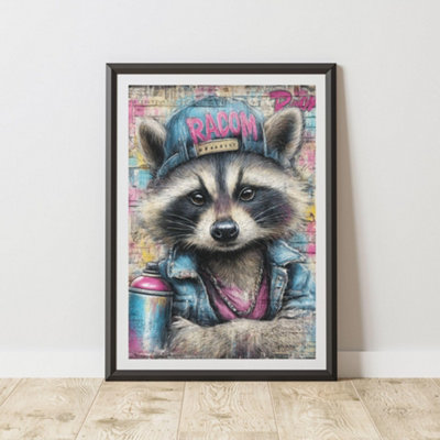 B&Q -  Raccoon Graffiti Print Urban Street Art Poster Junk Journal A4 Size