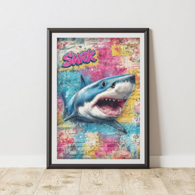 B&Q -  Shark Graffiti Print Urban Street Art Poster Junk Journal A3 Size