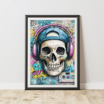 B&Q -  Skull Headphones Graffiti Print Urban Street Art Poster Junk Journal A4 Size