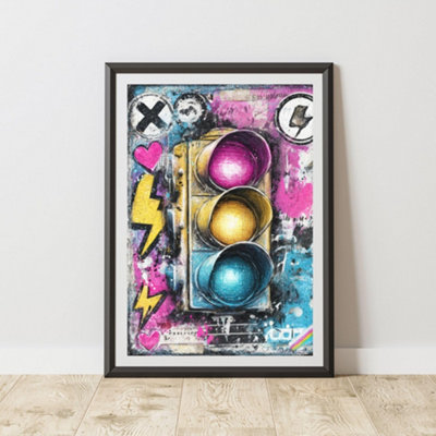 B&Q -  Traffic Lights Graffiti Print Urban Street Art Poster Junk Journal A4 Size