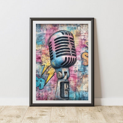B&Q -  Microphone Mic Graffiti Print Urban Street Art Poster Junk Journal A4 Size