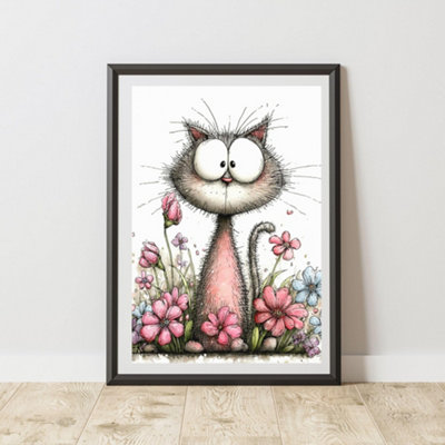 B&Q -  Quirky Cat With Flowers Print Poster Wall Art A3 Size
