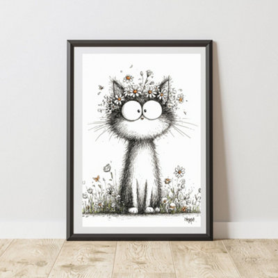 60 Second Makeover Limited Quirky Cat With Daisies Print Poster Wall Art A3 Size from B&Q