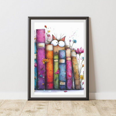 60 Second Makeover Limited Colourful Peeking Cat Print Poster Wall Art A4 Size from B&Q