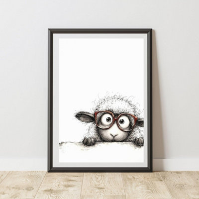 60 Second Makeover Limited Quirky Peeking Sheep Glasses Print Wall Art Poster A3 Size from B&Q