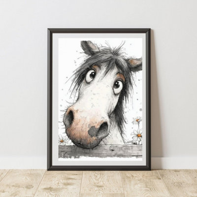 60 Second Makeover Limited Peeking Horse With Daisies Print Wall Art Poster A4 Size from B&Q