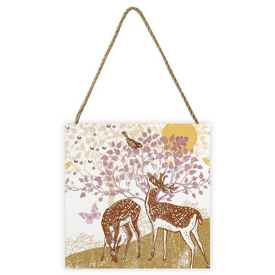 Summer Thornton Woodland Nature Deer Wooden Block White/brown/pink (20Cm X 20Cm) from B&Q