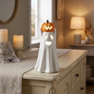 LED Ceramic Light Up 23cm Ghost with Pumpkin Halloween Decoration - Image 4