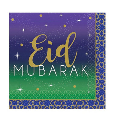 Amscan Eid Mubarak Paper Disposable Napkins (Pack Of 16) Green/gold/purple (One Size) from B&Q