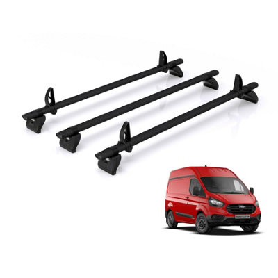 B&Q - Ford Transit Custom Roof Rack For 2013-2024 (H2 Roof) 3X Roof Bars  (Black) Only Suitable For Gen1 With High (H2) Roof