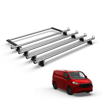 B&Q -  Vandemon Ford Transit Custom (2024+) 4 Bar Roof Rack & Ladder Roller Easy Load System Durable Steel Van Bars Aerodynamic D-Loops