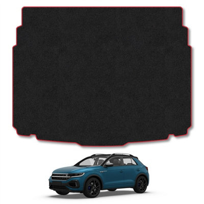B&Q -  Vw T-Roc (2017+) (Lower Boot Position) Premium Boot Liner Tailored Accessory Protector Pet Friendly Tufted Carpet Red Trim