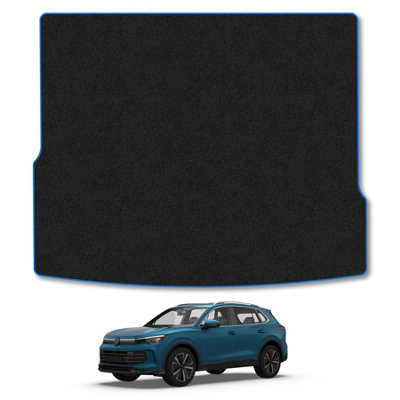 B&Q -  (Upper Floor) Vw Tiguan (2024+) Premium Boot Liner Tailored Accessory Protector Pet Friendly Tufted Carpet Blue Trim
