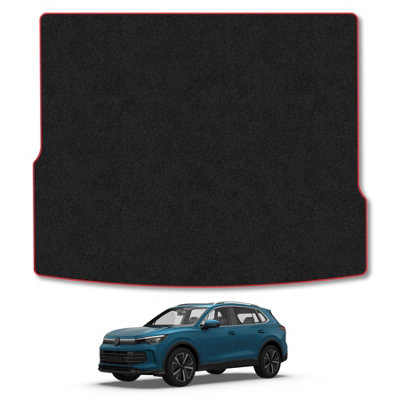 B&Q -  (Upper Floor) Vw Tiguan (2024+) Premium Boot Liner Tailored Accessory Protector Pet Friendly Tufted Carpet Red Trim