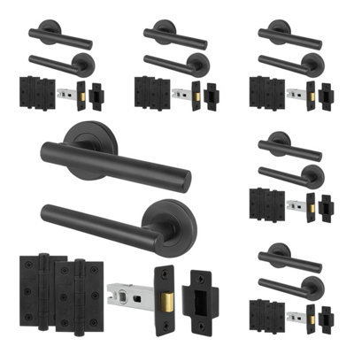 B&Q -  Matt Black Door Handles Round Rose Latch Kit6 Pairs Internal Lever HandlesLatches 64mm And HingesOlvera