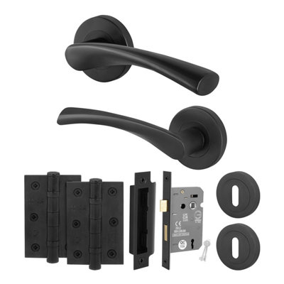 Afit Black Lock Door Handle Round Rose Set 1 Pair Of Matt Black Internal HandlesLock (64mm)HingesNovi from B&Q
