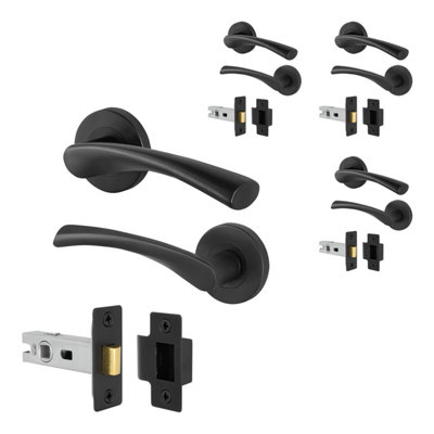 Afit Black Door Handles Round Rose With Latch4 Pairs Of Matt Black Internal HandlesLatch (66mm)Novi Range from B&Q