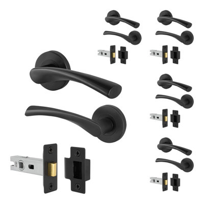 Afit Black Door Handles Round Rose With Latch5 Pairs Of Matt Black Internal HandlesLatch (66mm)Novi Range from B&Q